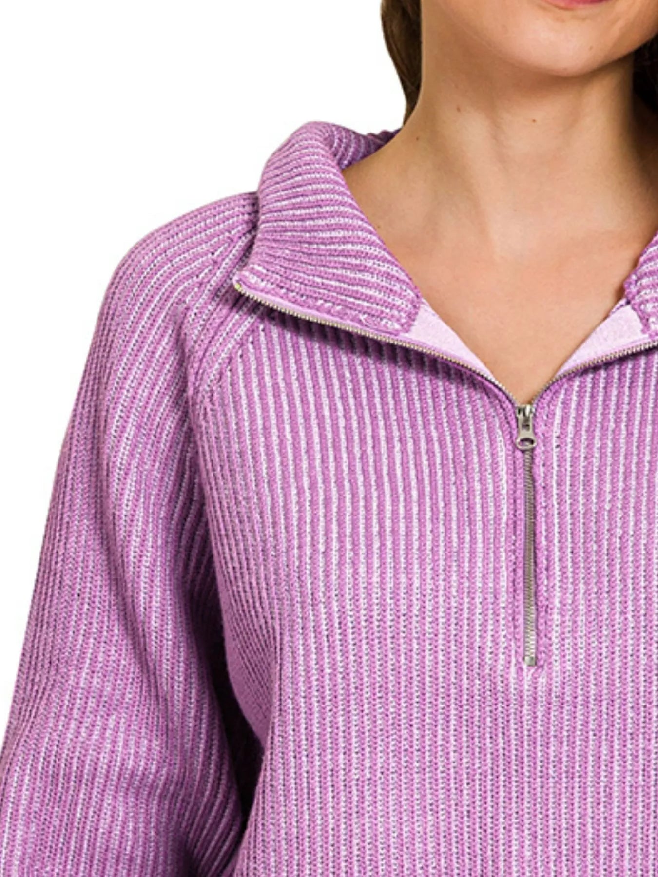 Zenana Ribbed Two Tone Half Zip Sweater in Violet/Lavender