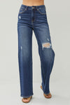 RISEN High Rise Dark Wash Distressed Wide Leg Jeans