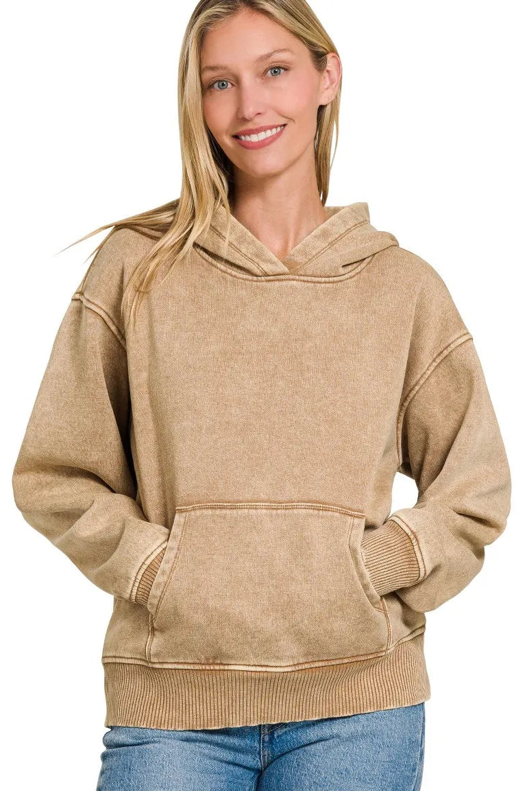 Fleece Mineral Wash Basic Hoodie in Deep Camel