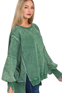 Acid Washed Batwing Sleeve Fleece Sweatshirt in Dark Green