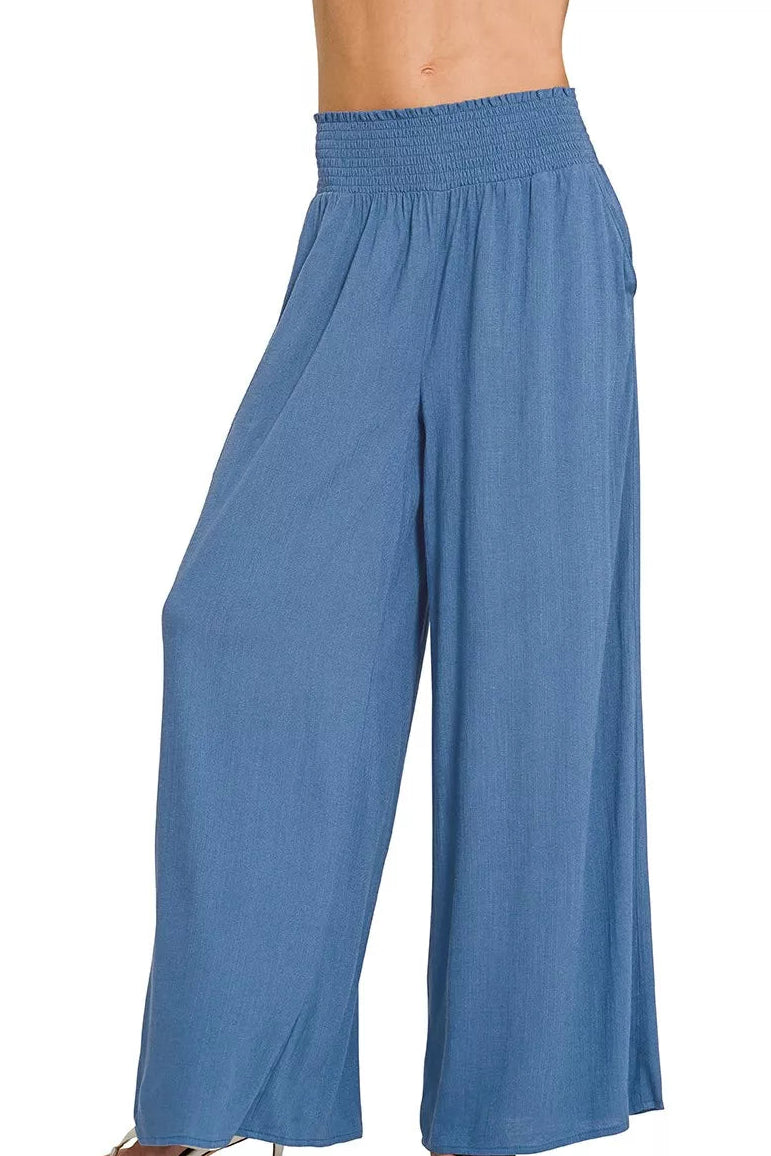 Smocked Waistband Wide Leg Pants in Denim Blue