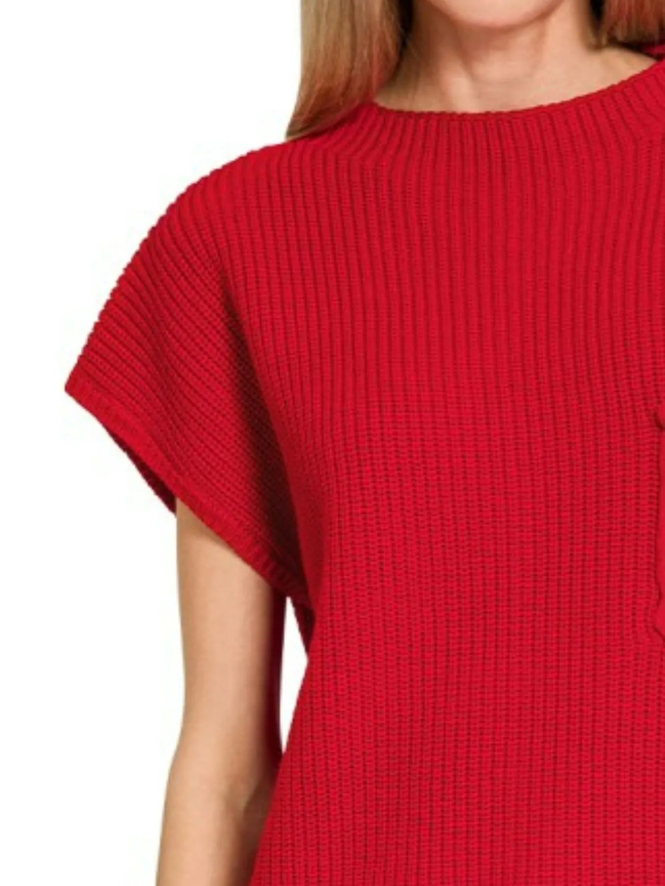 Zenana Mock Neck Short Sleeve Sweater in Ruby Red