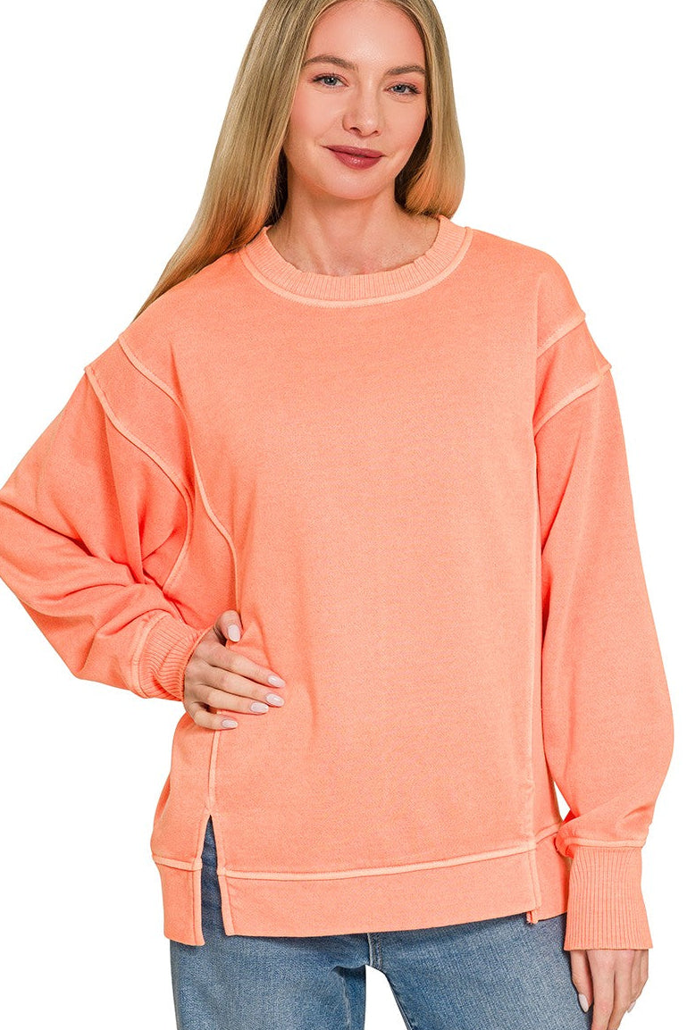 Zenana Pigment Dye Exposed Seam Fleece Sweatshirt in Coral