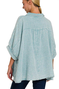 Washed Double Gauze Button Down Shirt in Dusty Teal