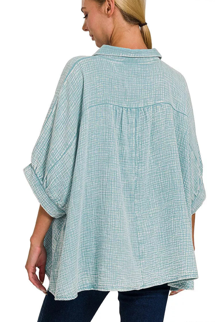 Washed Double Gauze Button Down Shirt in Dusty Teal