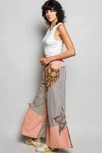 POL Striped Floral Patchwork Wide Leg Pants