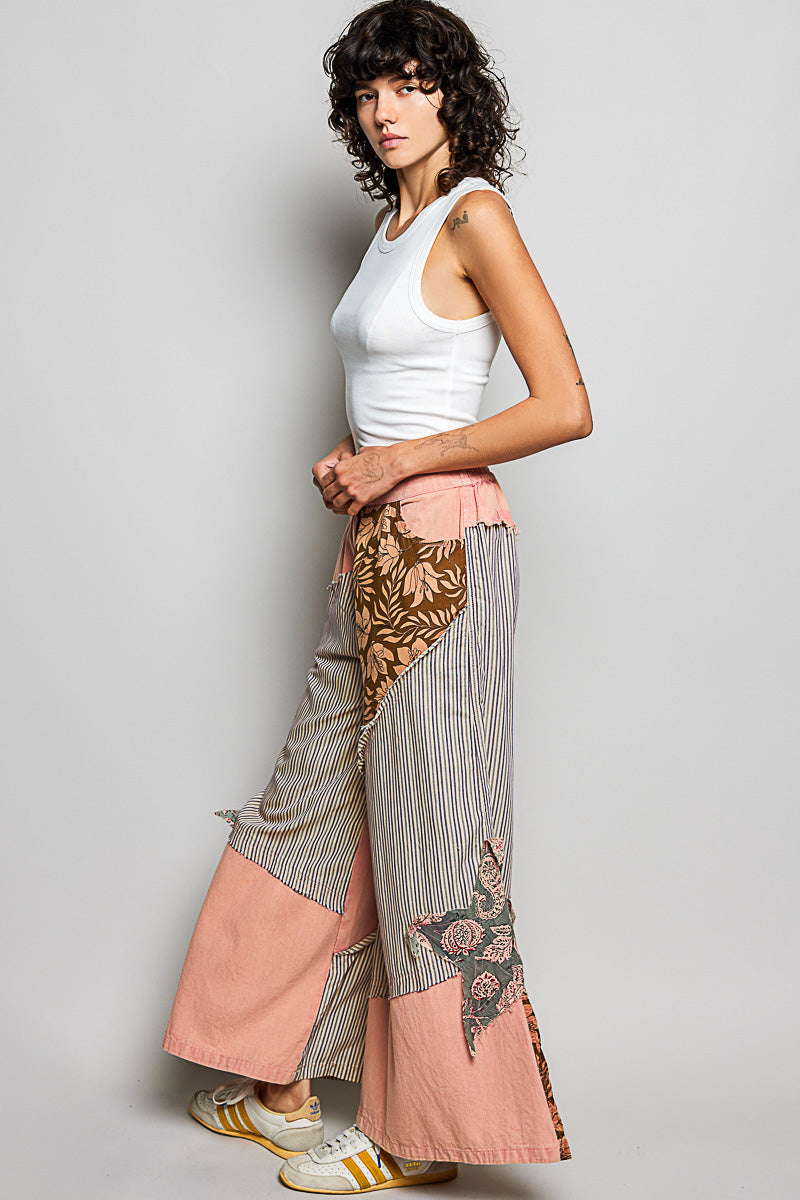 POL Striped Floral Patchwork Wide Leg Pants
