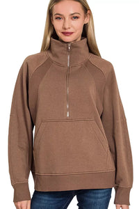 Zenana Half Zip Fleece Sweatshirt with Kangaroo Pocket in Brown