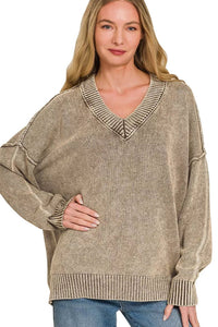 Zenana Washed V-Neck Oversized Sweater - Brown