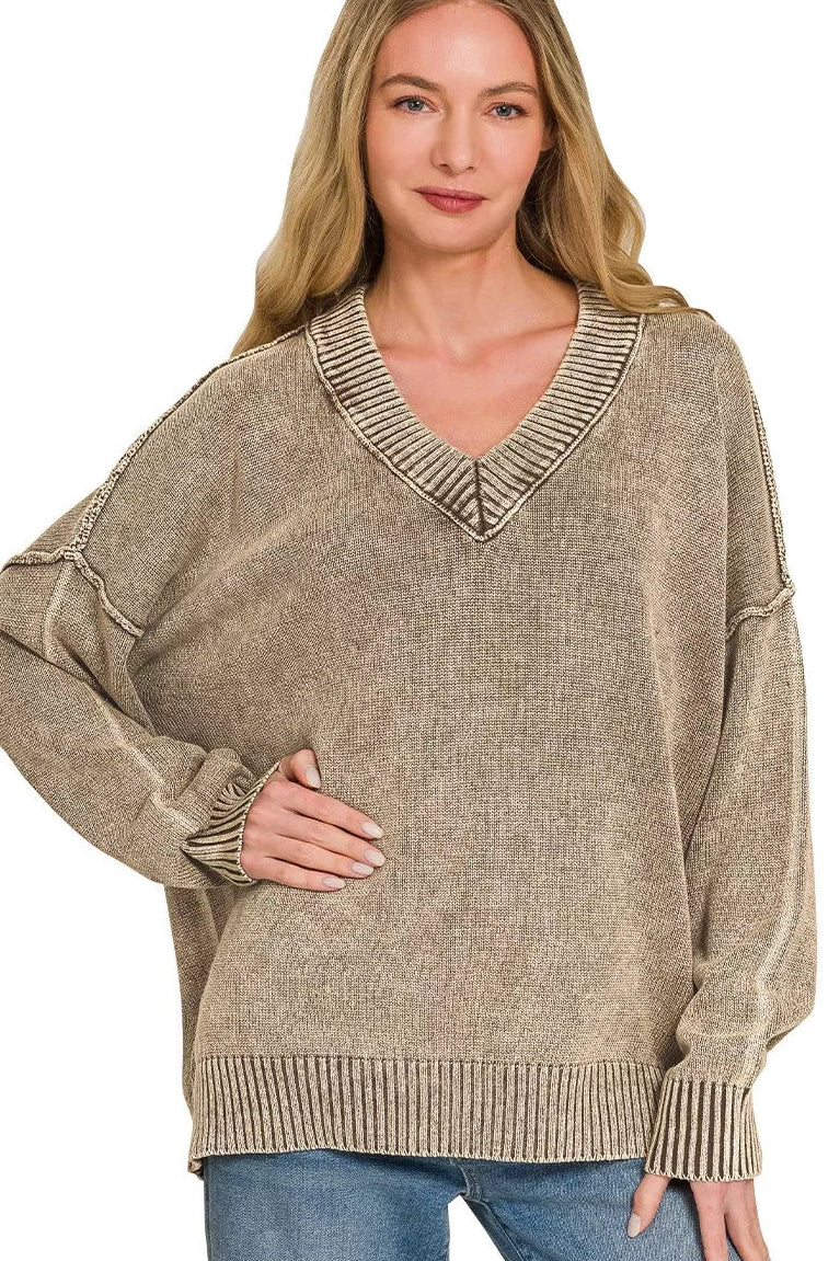 Zenana Washed V-Neck Oversized Sweater - Brown