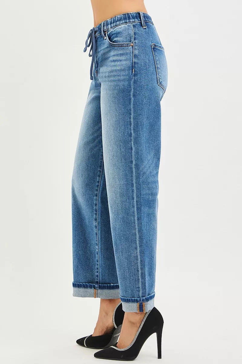 Risen Mid Rise Slouchy Drawstring Waist Boyfriend Jeans