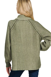 Zenana Ribbed Two Tone Half Zip Sweater in Dark Olive 