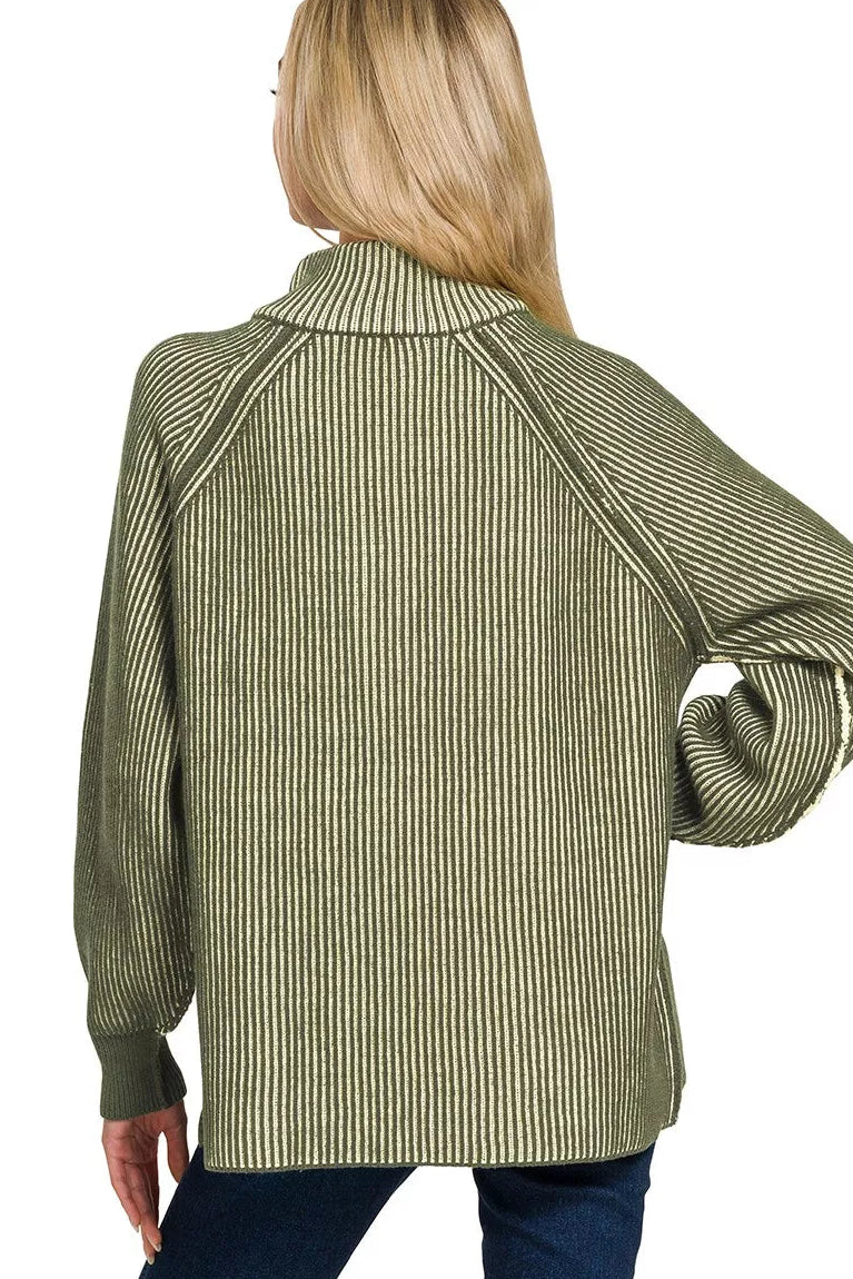 Zenana Ribbed Two Tone Half Zip Sweater in Dark Olive 