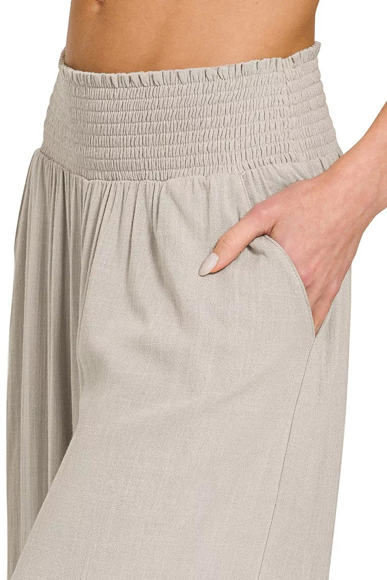 Zenana Smocked Waistband Wide Leg Pants in Sand Beige