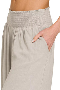 Zenana Smocked Waistband Wide Leg Pants in Sand Beige