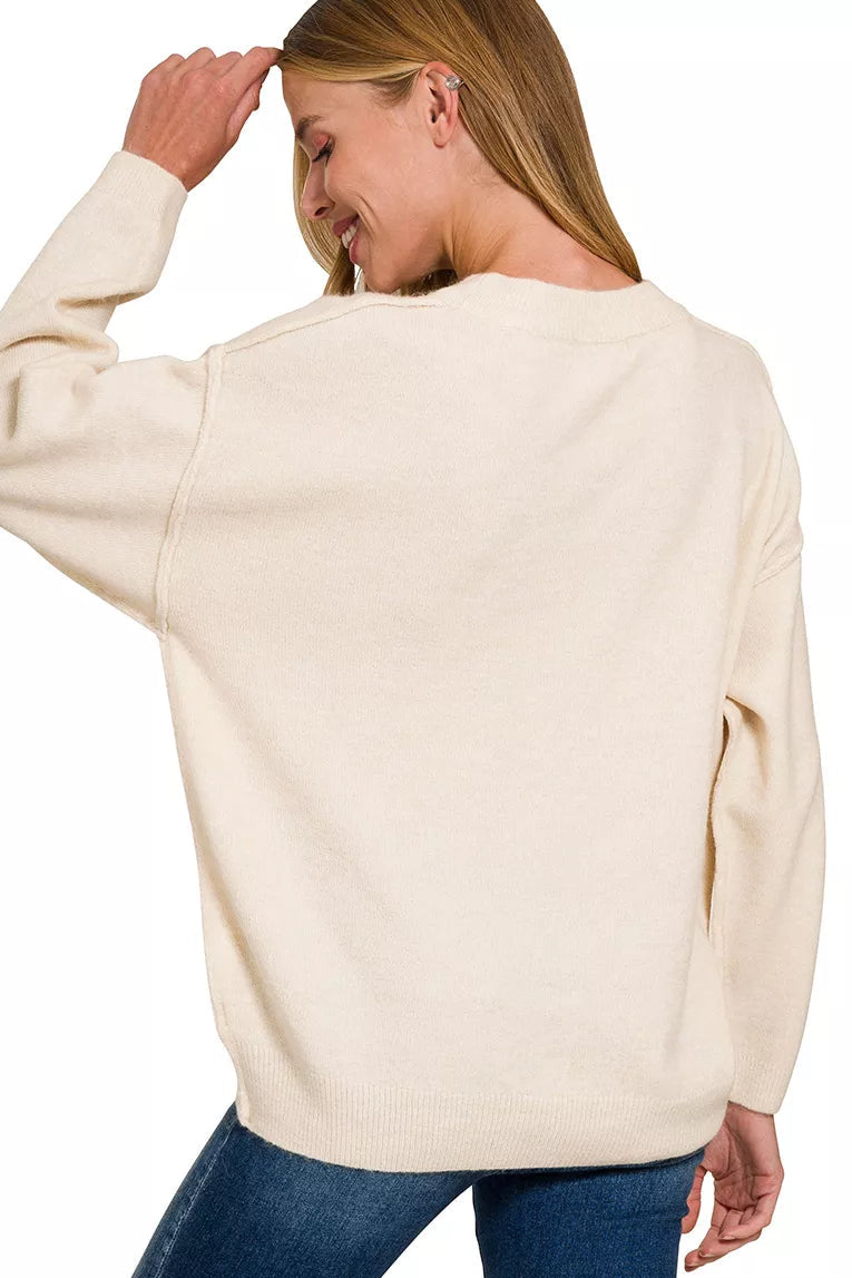 Zenana Melange Front Seam Round Neck Sweater in Sand Beige