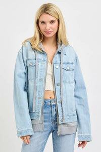 Risen Oversized Denim Jacket with Hoodie Lining - Light Wash