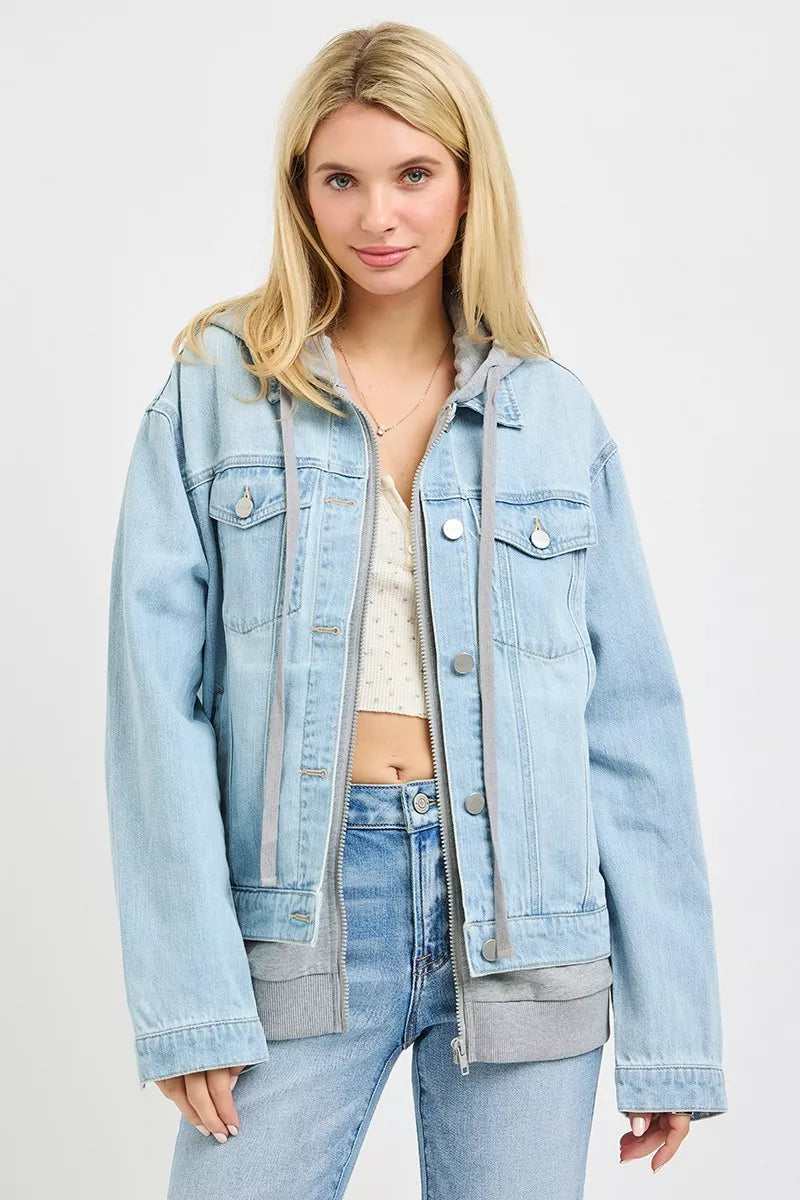 Risen Oversized Denim Jacket with Hoodie Lining - Light Wash