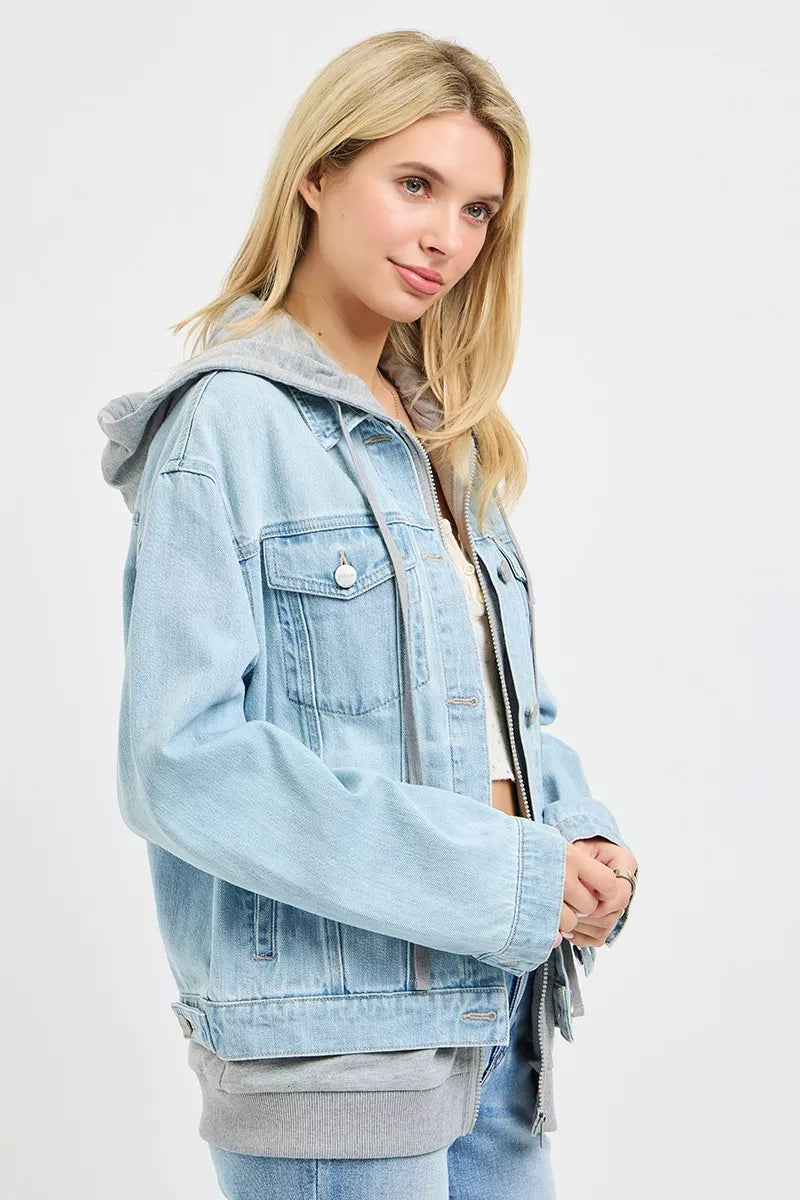 Risen Oversized Denim Jacket with Hoodie Lining - Light Wash