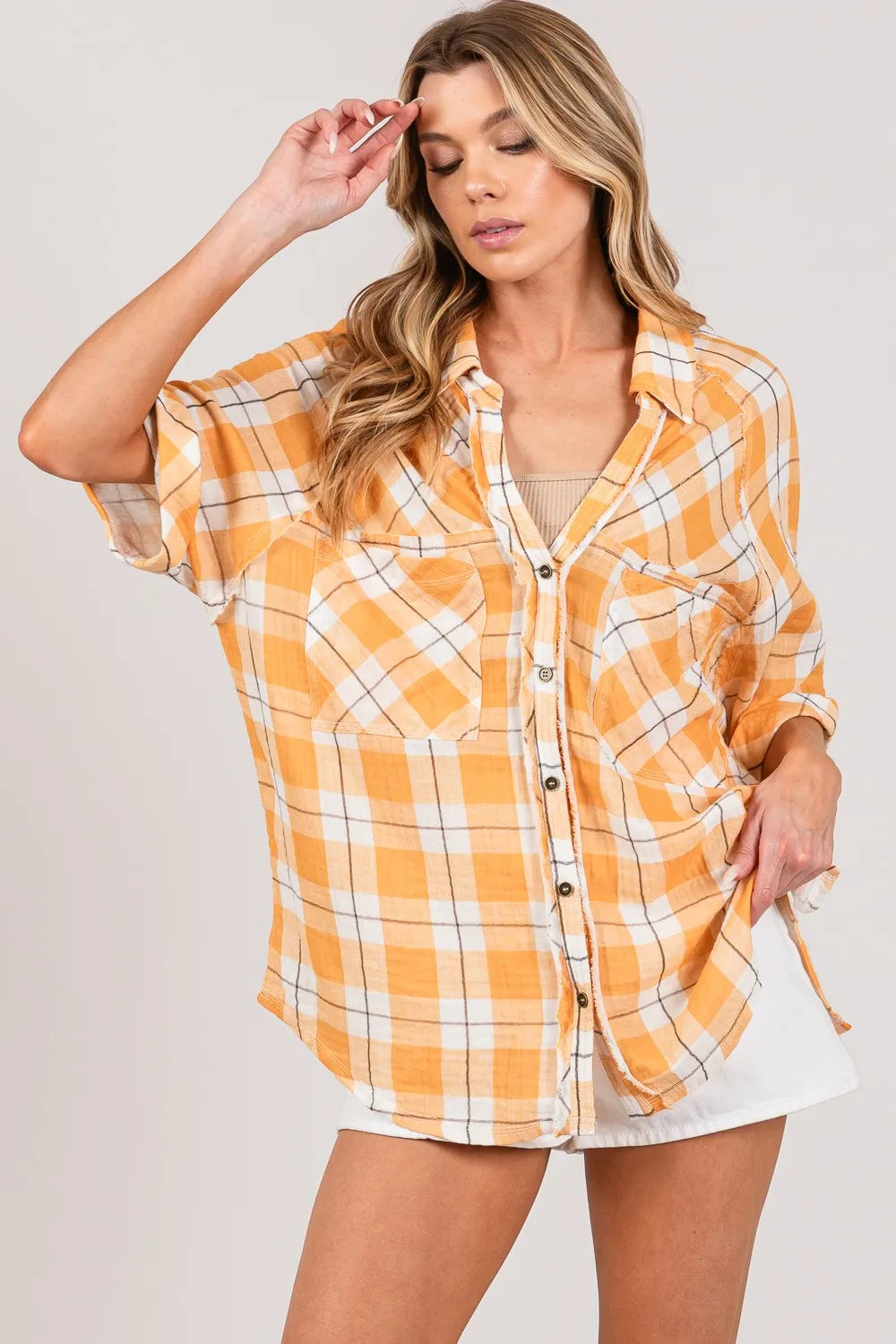 Apricot Plaid Button Up Side Slit Shirt