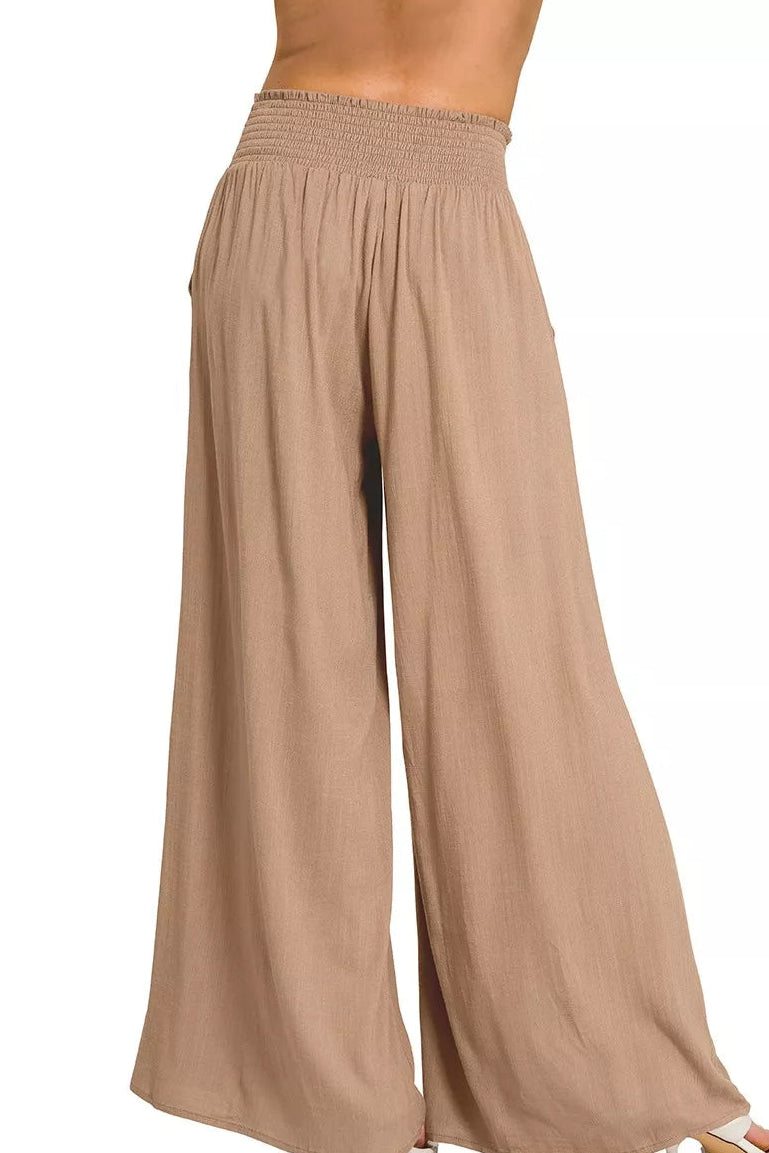 Zenana Smocked Waistband Wide Leg Pants in Cocoa