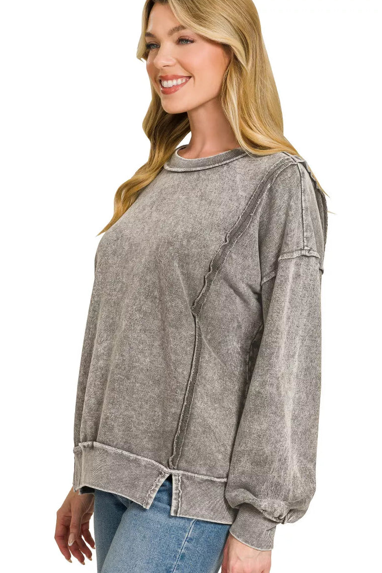 Snow Washed French Terry Pullover Sweatshirt in Ash Black