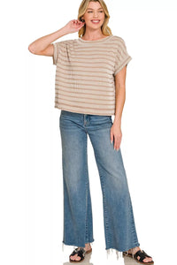 Zenana Boxy Raised Rib Striped Top in Ash Mocha