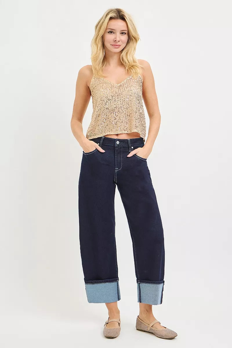 Risen High Rise Dark Wash Slouchy Crop Barrel Jeans PGC21709 