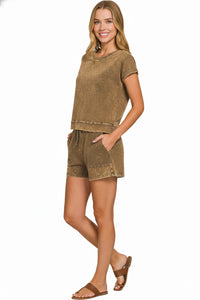 Zenana Premium Cotton Vintage Washed Tee & Shorts Set in Brown