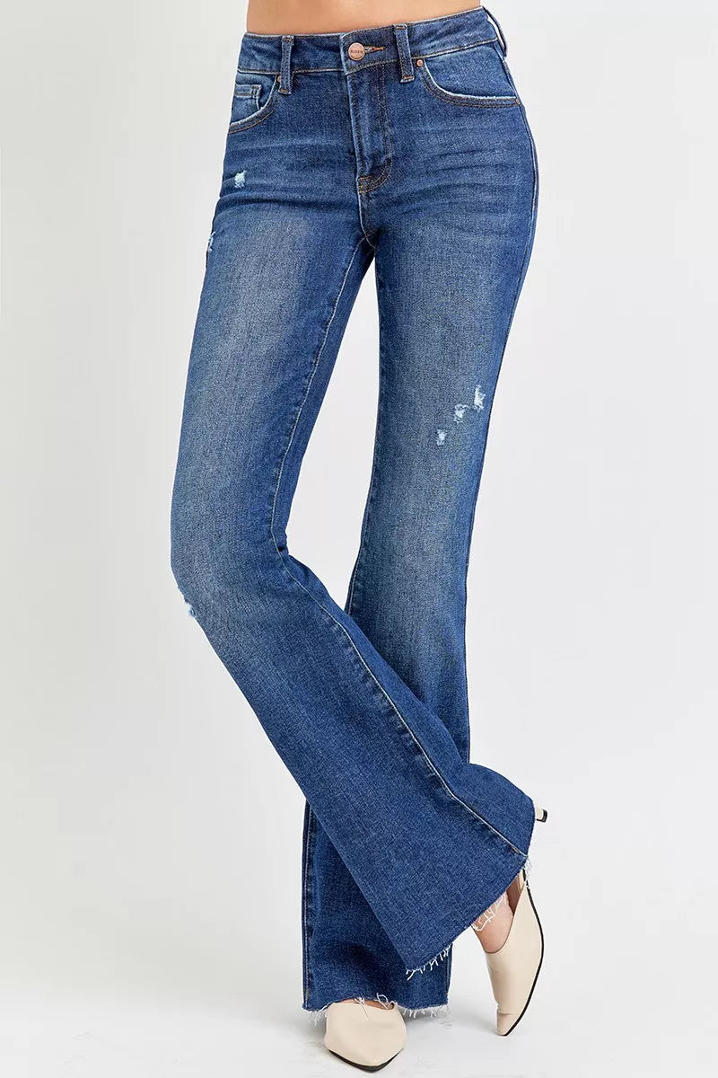 Risen Mid Rise Subtle Distressed Dark Wash Flare Jeans