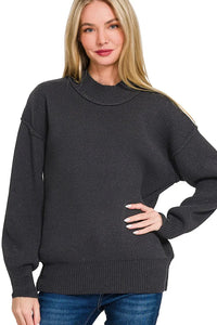 Black Wide Neck Banded Drop Shoulder Sweater