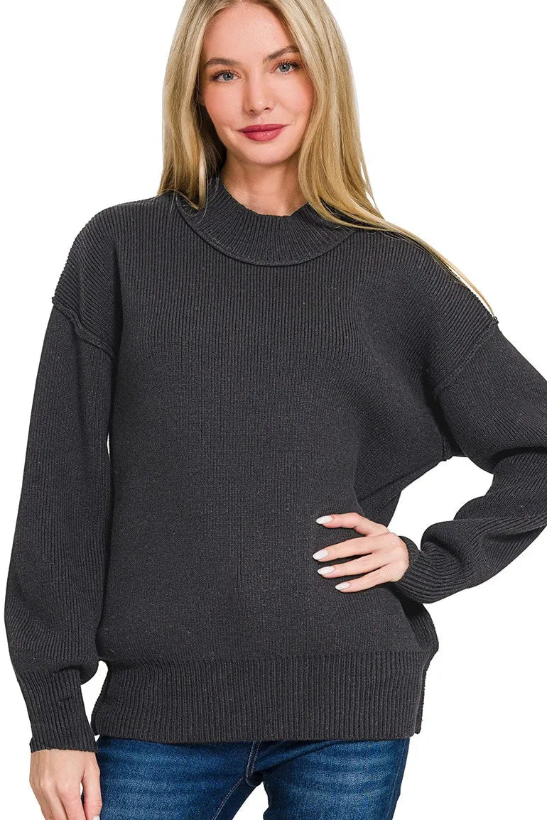 Black Wide Neck Banded Drop Shoulder Sweater