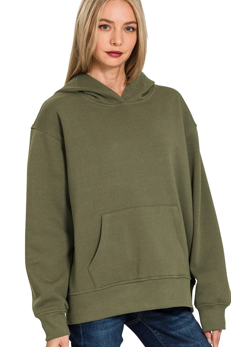 Zenana Fleece Kangaroo Pocket Hoodie in Dark Olive