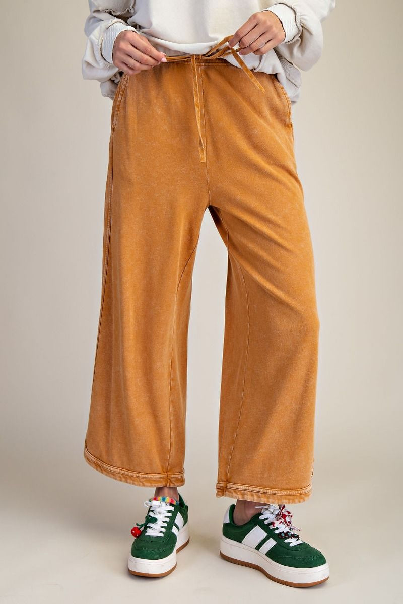 Easel Mineral Washed Terry Knit Pants in Camel