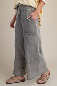 Easel Mineral Washed Wide Leg Terry Knit Pants in Ash Grey