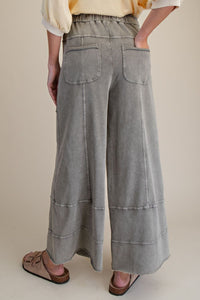 Easel Mineral Washed Wide Leg Terry Knit Pants in Ash Grey