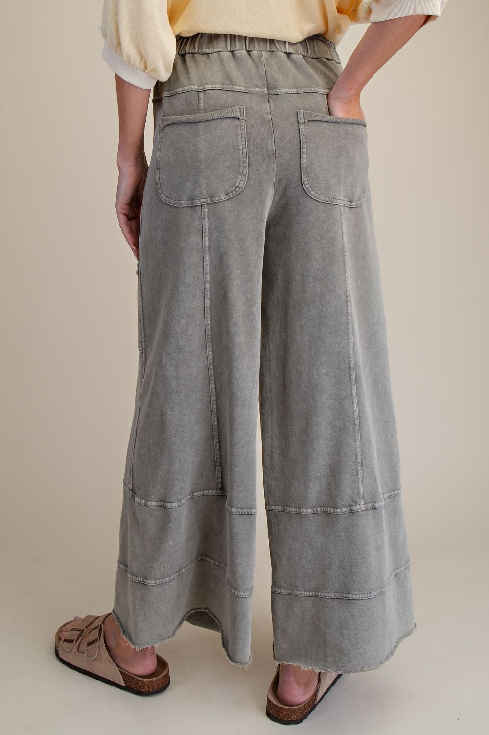 Easel Mineral Washed Wide Leg Terry Knit Pants in Ash Grey
