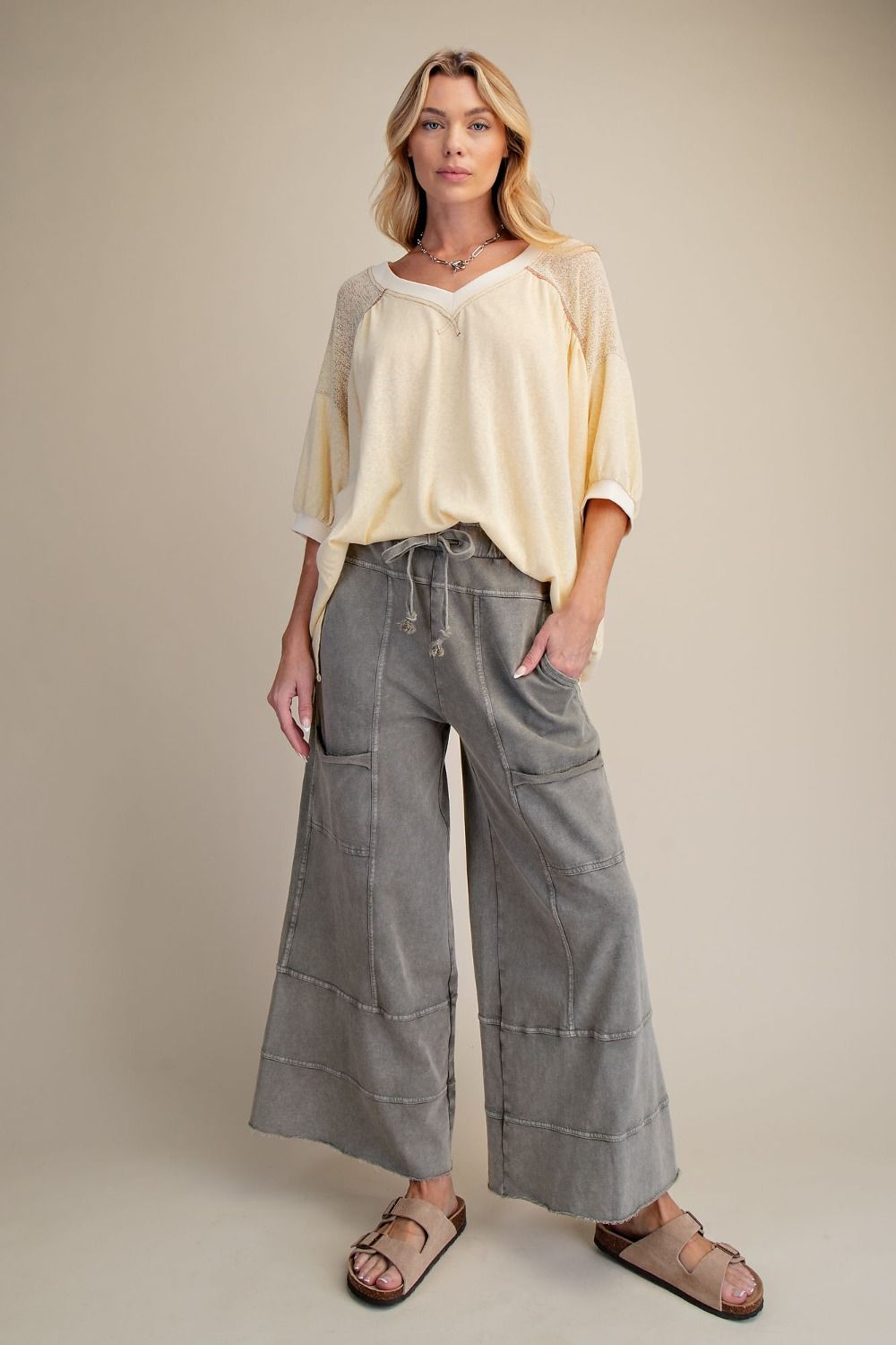 Easel Mineral Washed Wide Leg Terry Knit Pants in Ash Grey