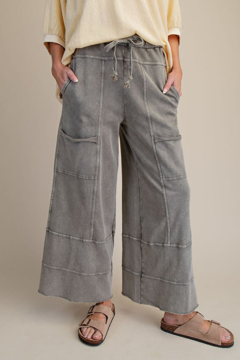 Easel Mineral Washed Wide Leg Terry Knit Pants in Ash Grey