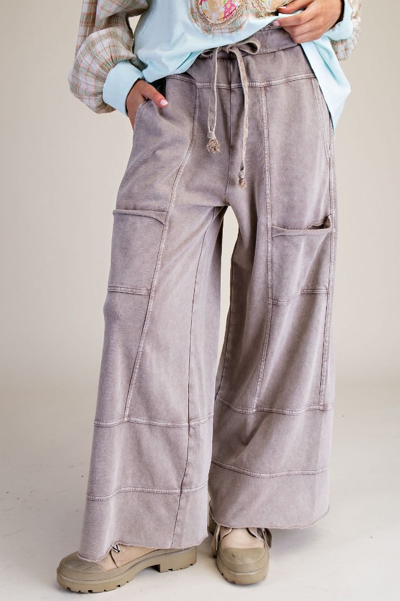 Easel Mineral Washed Wide Leg Terry Knit Cargo Pants in Mushroom