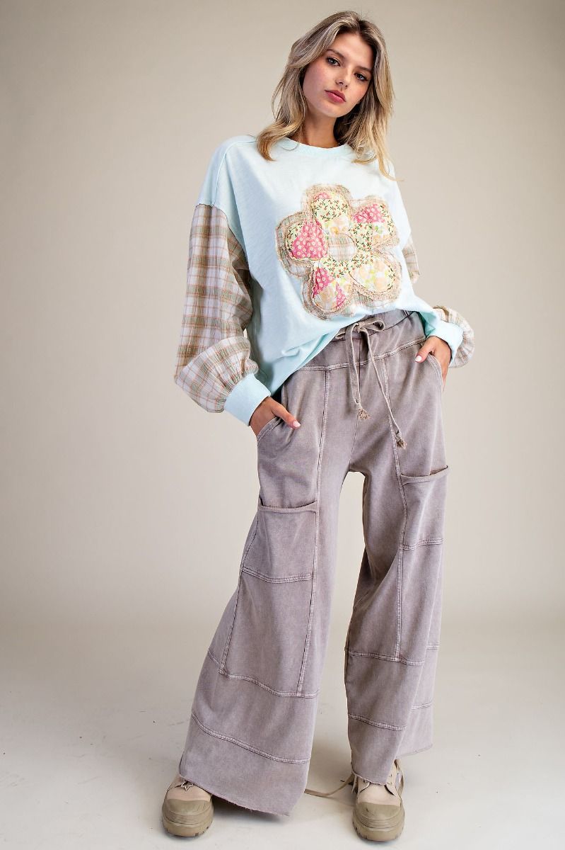 Easel Mineral Washed Wide Leg Terry Knit Cargo Pants in Mushroom