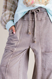 Easel Mineral Washed Wide Leg Terry Knit Cargo Pants in Mushroom