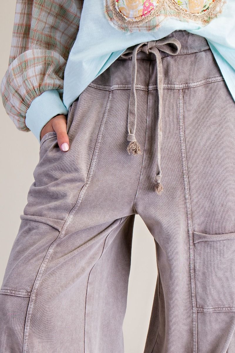 Easel Mineral Washed Wide Leg Terry Knit Cargo Pants in Mushroom
