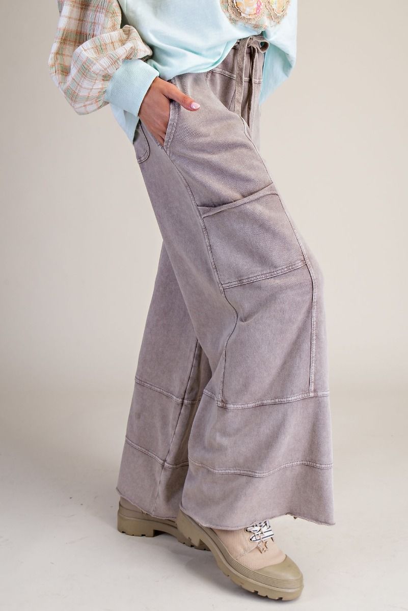 Easel Mineral Washed Wide Leg Terry Knit Cargo Pants in Mushroom