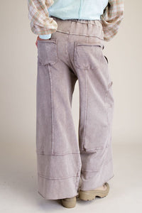 Easel Mineral Washed Wide Leg Terry Knit Cargo Pants in Mushroom