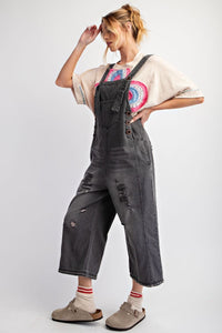 Easel Washed Denim Loose Fit Overalls - Black