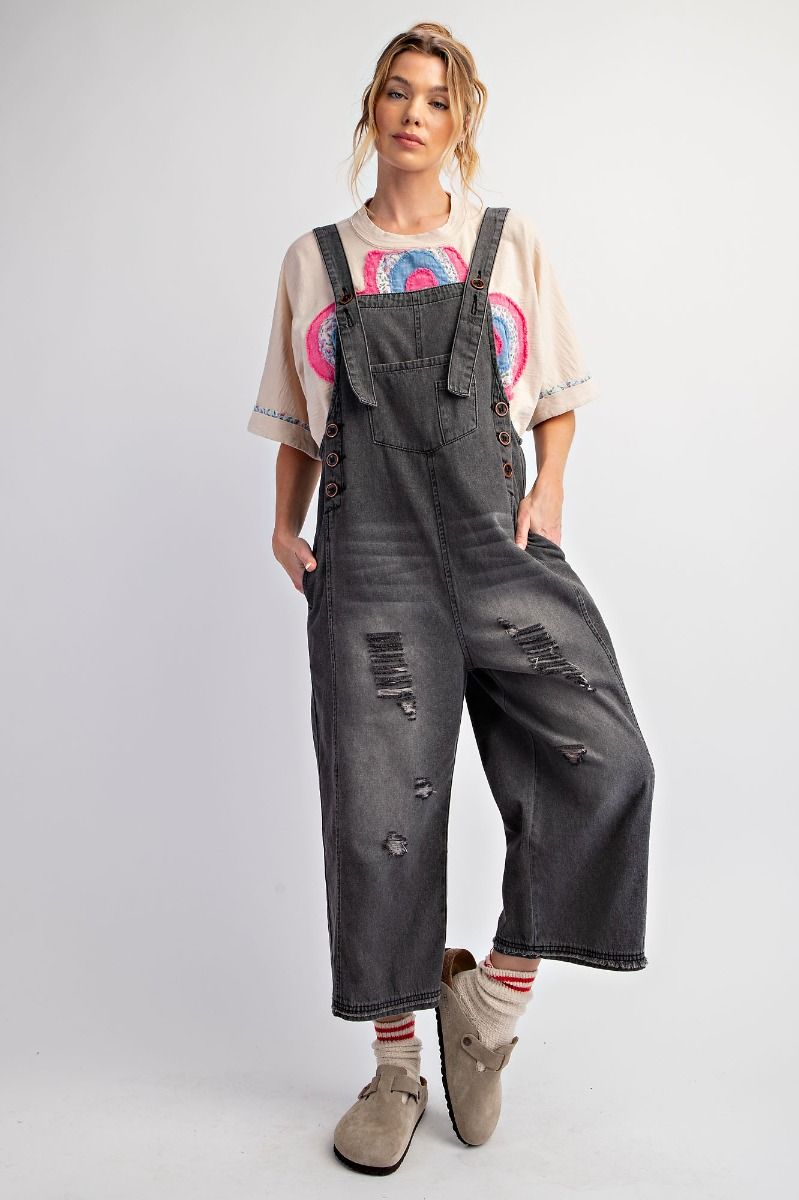 Easel Washed Denim Loose Fit Overalls - Black