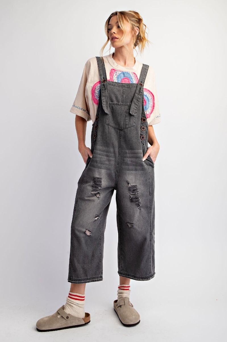 Easel Washed Denim Loose Fit Overalls - Black