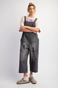 Easel Washed Denim Loose Fit Overalls - Black