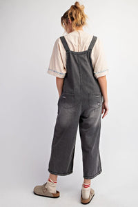 Easel Washed Denim Loose Fit Overalls - Black